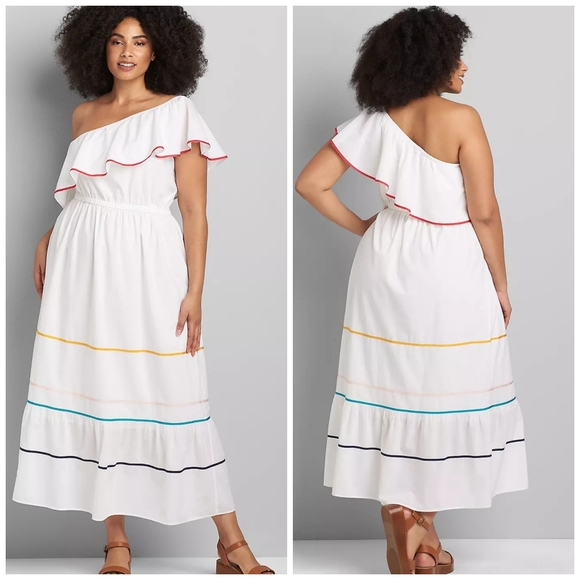 Lane‎ Bryant One-Shoulder Ruffle -Hem White Rainbow Trim Maxi Dress Size  24 - Picture 1 of 11
